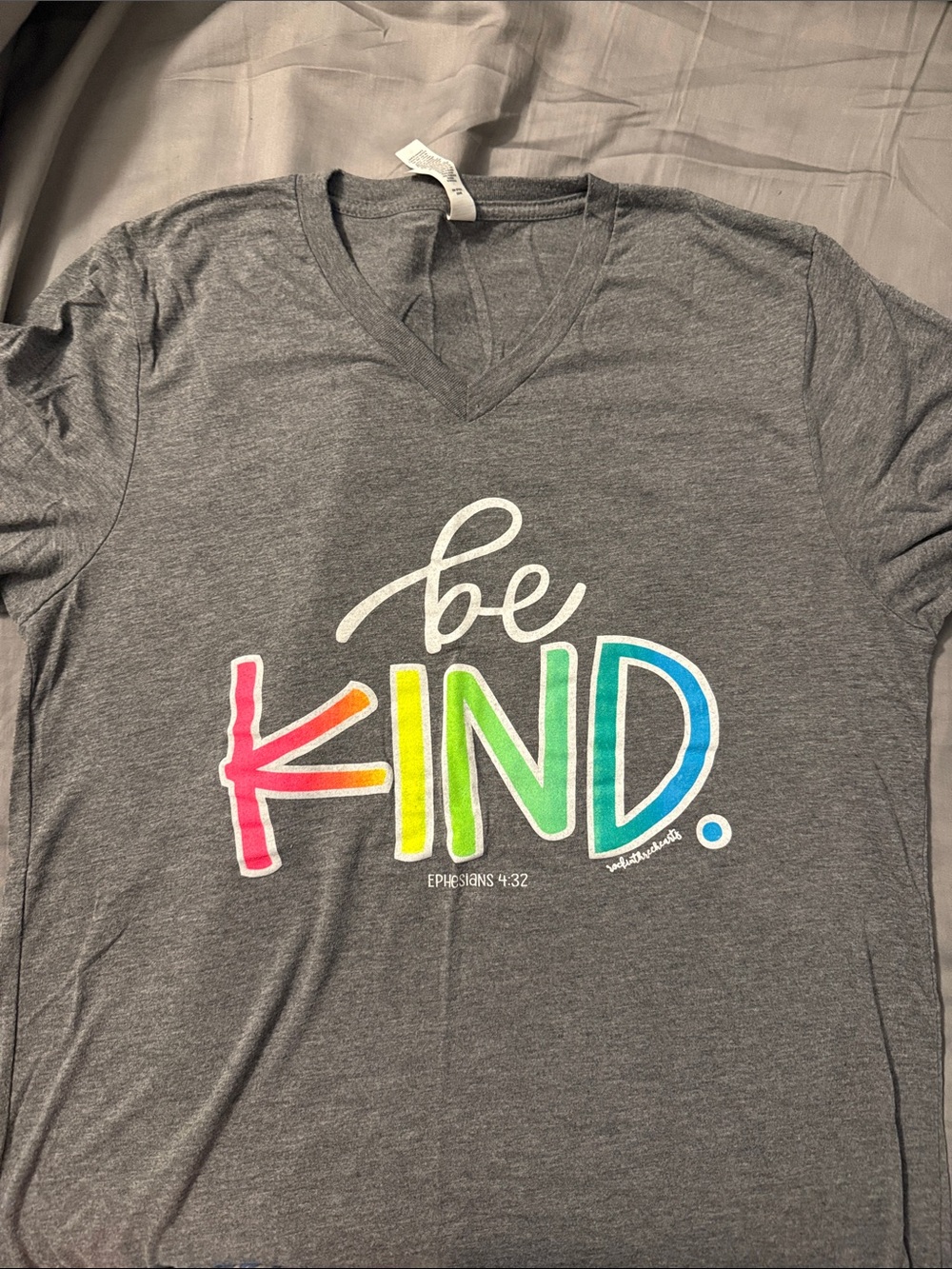 Bella Canvas Gray V-Neck 'Be Kind' Tee with Rainbow Letters